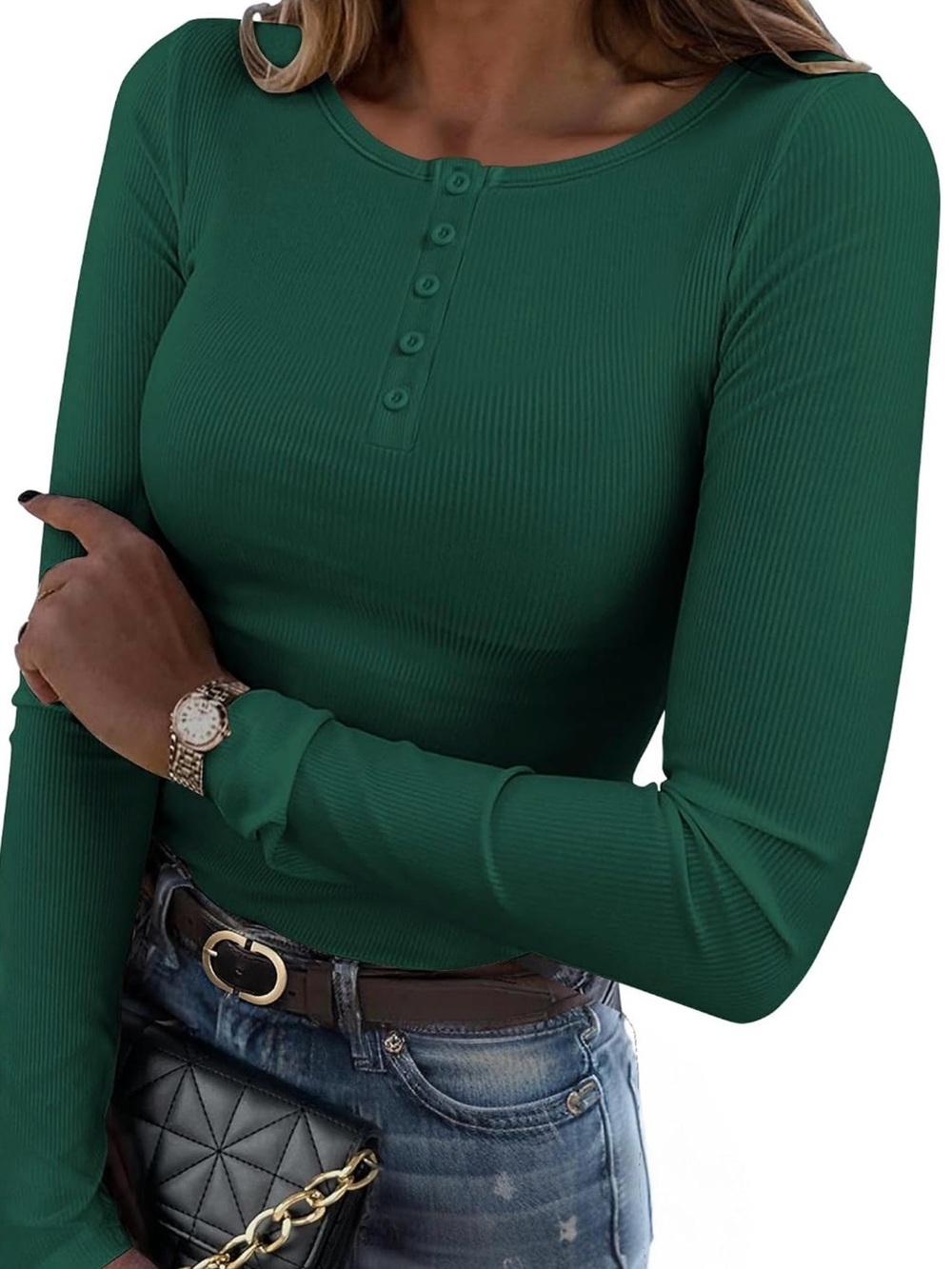 zeagoo Ribbed Henley Long Sleeve Top in Forest Green